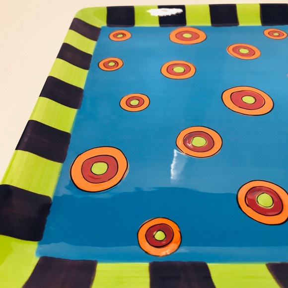 All U Can Handle Hand Painted Ceramic Tray “ Dancing Dots Turquoise 11”-11” - Picture 6 of 11
